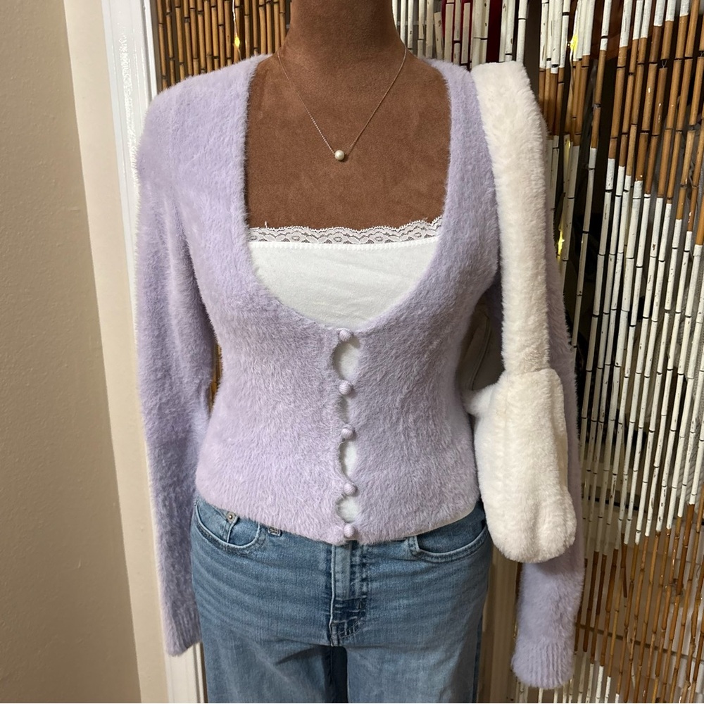 Beyond the Radar Purple Fuzzy Button Front Cardigan